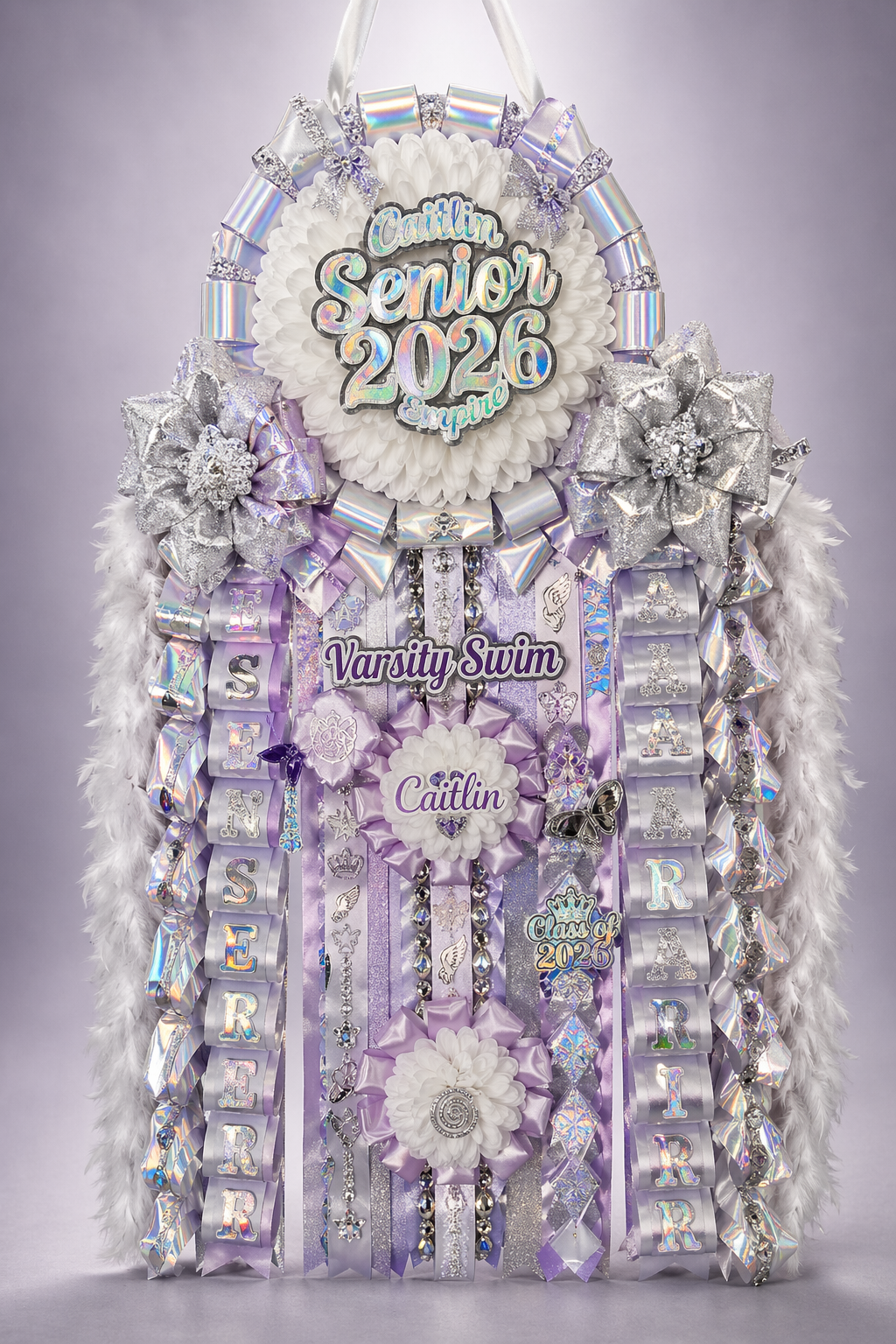 Silver and lavender Senior 2026 Varsity Swim homecoming mum