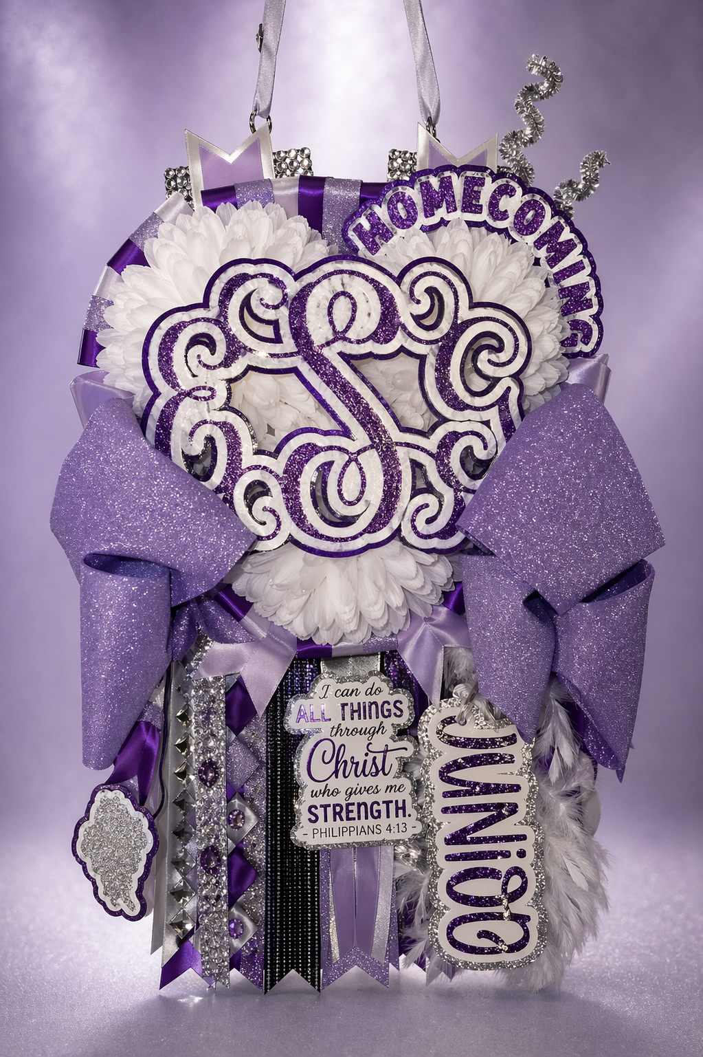 Purple S monogram Junior homecoming mum with Philippians 4:13